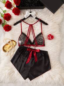 SilkySpell Conjunto de lencería de satén sexy con escote espalda descubierta y decoración de moño de dos tonos - Negro - Ver 2