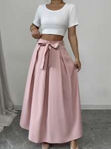 Chiquease Women's Elegant Bowknot High Waist Pleated Maxi A-Line Skirt, Suitable For Work - Pink - View 4