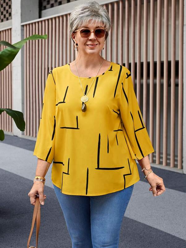 Miaspire Plus Size Old Money Women's Line Print Round Neck 3/4 Sleeve Casual Shirt Spring Outfits For Women Elegant