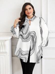 Modelyn Plus Size Women Striped Lantern Sleeve Casual Loose Blouse - White - View 6