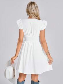 SHEIN LUNE 褶皱荷叶边短袖收腰A字休闲棉质刺绣假日优雅短款连衣裙，女士西式服装