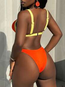 Swim SPRTY Women's Neon Orange Contrast Color Activewear Bikini Set, For Summer Beach Vacation - Multicolor - View 3