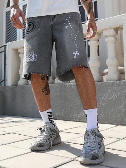 Street Life Men's Punk Chain Pattern Casual Simplistic Denim Jeans, Daily Wear