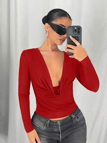 SHEIN ICON Women's Simple Long Sleeve Metallic Shiny Sexy Plunging Neckline T-Shirt