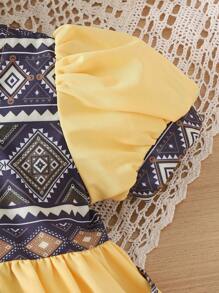 SHEIN 2pcs/Set Gaun Putri Liburan Musim Panas Warna Kuning Gaya Boho untuk Bayi Perempuan, Kerah Persegi, Lengan Mengembang, Motif Bunga & Geometris, Dipadukan dengan Tas yang Serasi - Emas - View 6