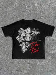 SHEIN Bolty Tween Boys' Casual Minimalist "To Be Rich" Skull & Dollar Bill Graphic Hiphop Print Round Neck Short Sleeve T-Shirt, Suitable For Summer - Black - View 5