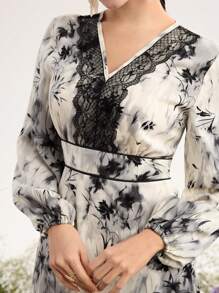 Al Najma V-Neck Ruffle Patchwork Swing Long Sleeve Arabic Style Dress For Women,Modest