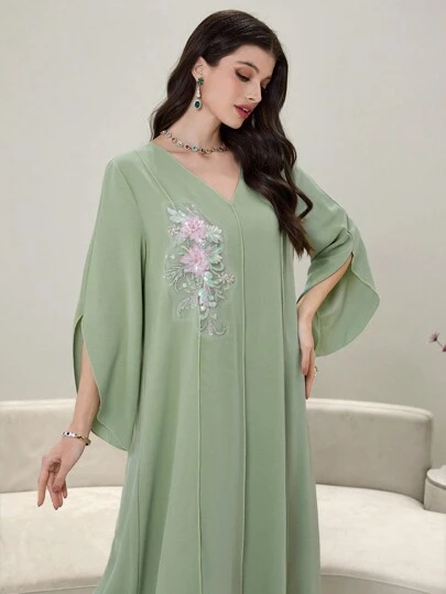 Yasmyna 撞色奢华 3D 刺绣贴花 V 领长袖土耳其长裙，简约卡夫坦