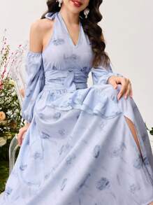 Modelyn 女士优雅碎花雪纺露肩长袖荷叶边下摆连衣裙 - 彩色 - 查看 7