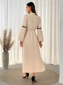 SHEIN LUNE Stand Collar Button Half-Open Sleeve Lace-Paneled Elastic Waist Flare Hem Casual Beach Vacation Elegant Midi Dress, Ribbed Fabric