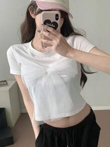 DAZY 女士纯色短袖 T 恤，简约时尚休闲日常 - 白色 - 查看 4