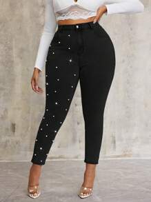 SHEIN SXY Plus Size Stretch Denim Blue Skinny Pants With Pearl Decoration - Black - View 7