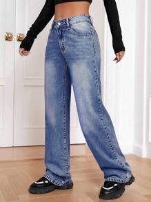 SHEIN EZwear Women's Straight Loose Casual Denim Jeans With Pockets