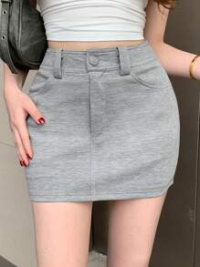 DAZY 女式前扣口袋纯色修身及膝长裙，日常休闲，铅笔裙 - 灰色 - 查看 10
