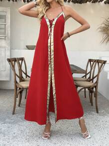 Breezaya Abito lungo da donna con laccio in vita, vestito lungo con paillettes, pizzo e pezze di textura