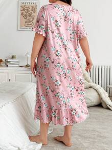 Floral Print Plus Size Women Round Neck Short Sleeve Long Nightgown, Moo Moo - Pink - View 2