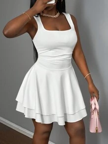 Slaydiva Women's Summer Basic Casual Sweet Square Neck Sleeveless Ruched Flared Short Dress - D,Business Casual Woman