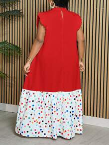 Slaydiva Plus Size Loose Solid White Spliced Colorful Polka Dot Sleeveless Ruffle Trim Spliced Stand Collar Long Dress For Women, Spring/Summer - Red - View 2