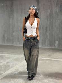 StreetHx Women Casual Commuter Solid Color Open Front Tie Neck Knit Top