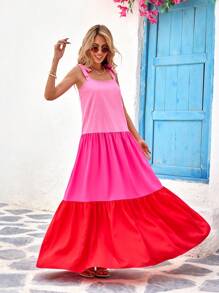 SHEIN VCAY Women's Woven Color Blocking Camisole Dress With Flared Dress Spring And Summer Outfits, Summer Clothes, Valentine's Day, Vacation Outfits Woman, Beach Outfits For Woman, Festival, Romantic And Elegant Clothing, Bohemian, BOHO, Sweet, Rave Outfits Festival, Tropical Vacation Woman Clothes, Carnival - Multicolor - View 1