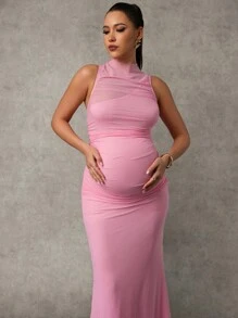 MaterniChic Slim Fit Solid Color Maternity Dress, Pink Dress - Pink - View 3