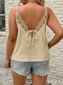 SHEIN Frenchy Plus Size Light Yellow Lace Trim Tie Back Summer Tank Top - Apricot - View 6