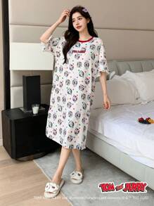 DAZY TOM AND JERRY X DAZY Cartoon Pattern Polka Dot Letter Logo Allover Print Contrast Color Design Ruffle Loose T-Shirt Style Nightgown