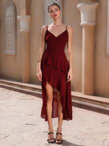 Aveloria Rosie Elegant Vacation Sexy Spaghetti Strap Asymmetric Hem Ruffle Hem Waist-Defining Women Dress