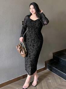 Dazy Petite Plus Plus Size Flocked Print & Mesh Splice Wrap Elegant Long Dress, Black, Spring/Fall 90s Clothes Floral Long Sleeve Dress - Black - View 7
