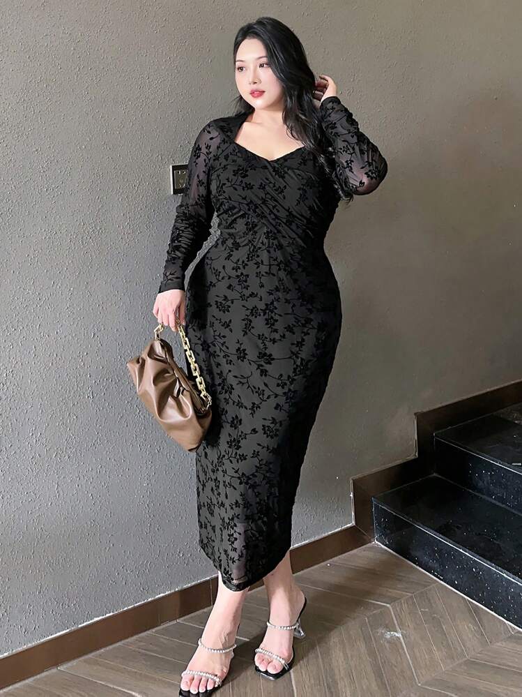 Dazy Petite Plus Plus Size Flocked Print & Mesh Splice Wrap Elegant Long Dress, Black, Spring/Fall 90s Clothes Floral Long Sleeve Dress - Black - View 7