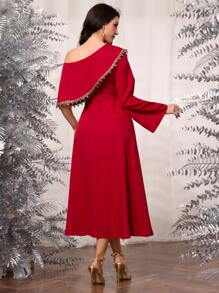 Modelyn 3D 花卉不对称袖女式连衣裙 - 紅色 - 查看 2