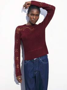 Maija Spring And Summer New Urban Modern Elegant Burgundy Hollow Crochet Texture Flower Women's Woolen Sweater Top Suitable For Daily Casual Outings Holiday Festival Party 90s Women's Clothing Retro Old Money Bohemian Music Festival