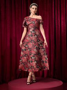 Modelyn Vestido de manga larga con decoración de flores 3D, hombro asimétrico y hilos dorados jacquard elegante para mujer