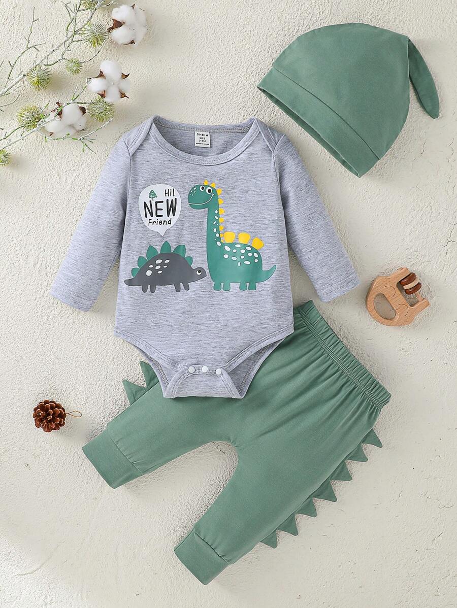 Set de 3 piezas de ropa casual unisex para bebés, incluye un mono con gráfico de dinosaurio y letra, pantalones de color liso y gorro, de tela suave, adecuado para vacaciones, viajes, escuela, diario, deportes, primavera/verano
