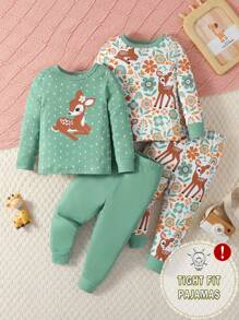 2 件装女婴简约鹿印花长袖上衣和紧身打底裤睡衣套装，贴身合体 - 綠色 - 查看 5
