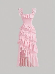 SHEIN MOD Vestito midi con volant rosa, vestito francese, adatto per concerti, top primaverili da donna, abito di Pasqua, outfit da concerto, abiti primaverili da donna - Rosa - Visualizzare 1