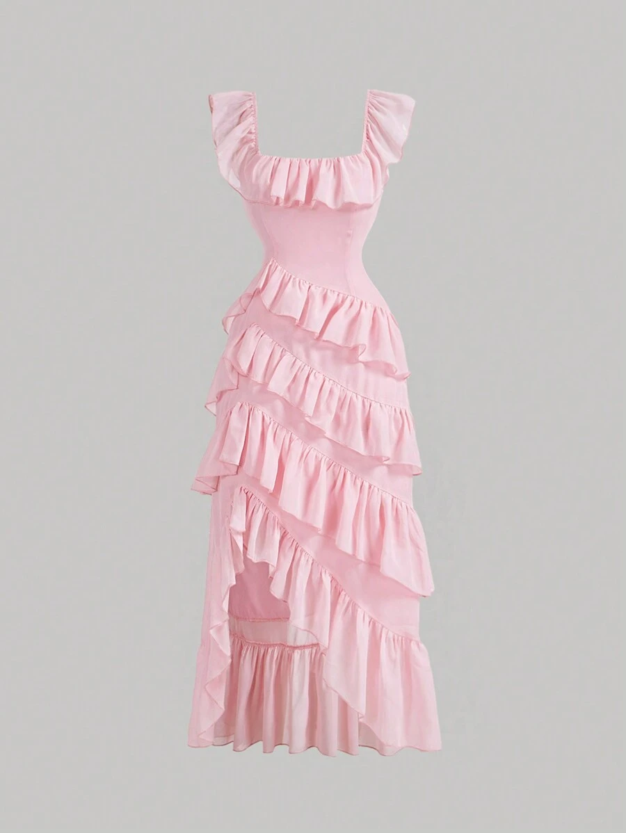 SHEIN MOD Vestito midi con volant rosa, vestito francese, adatto per concerti, top primaverili da donna, abito di Pasqua, outfit da concerto, abiti primaverili da donna - Rosa - Visualizzare 1