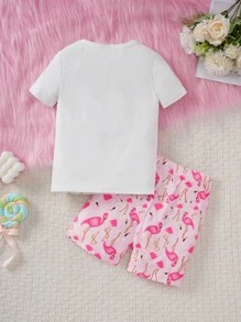 2pcs Baby/Baby Girl White Beautiful Flamingo Print Short Sleeve Top And Shorts Tight Pajamas Sleepwear Set - White - View 2