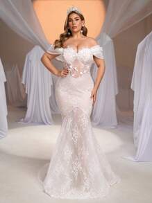 Glamrae Plus Size Elegant Charming Romantic Cream Off-Shoulder Stretch Embroidered Lace And Organza Splicing Mermaid Maxi Dress Suitable For Wedding, Party, Honeymoon Bridal Wedding Dress - White - View 4