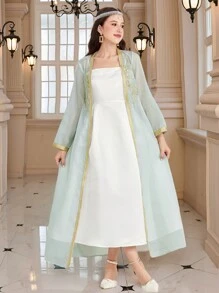 SHEIN 少女优雅浅绿色缎面吊带裙和欧根纱长外套两件套，开斋节长假休闲装 - 薄荷綠 - 查看 1