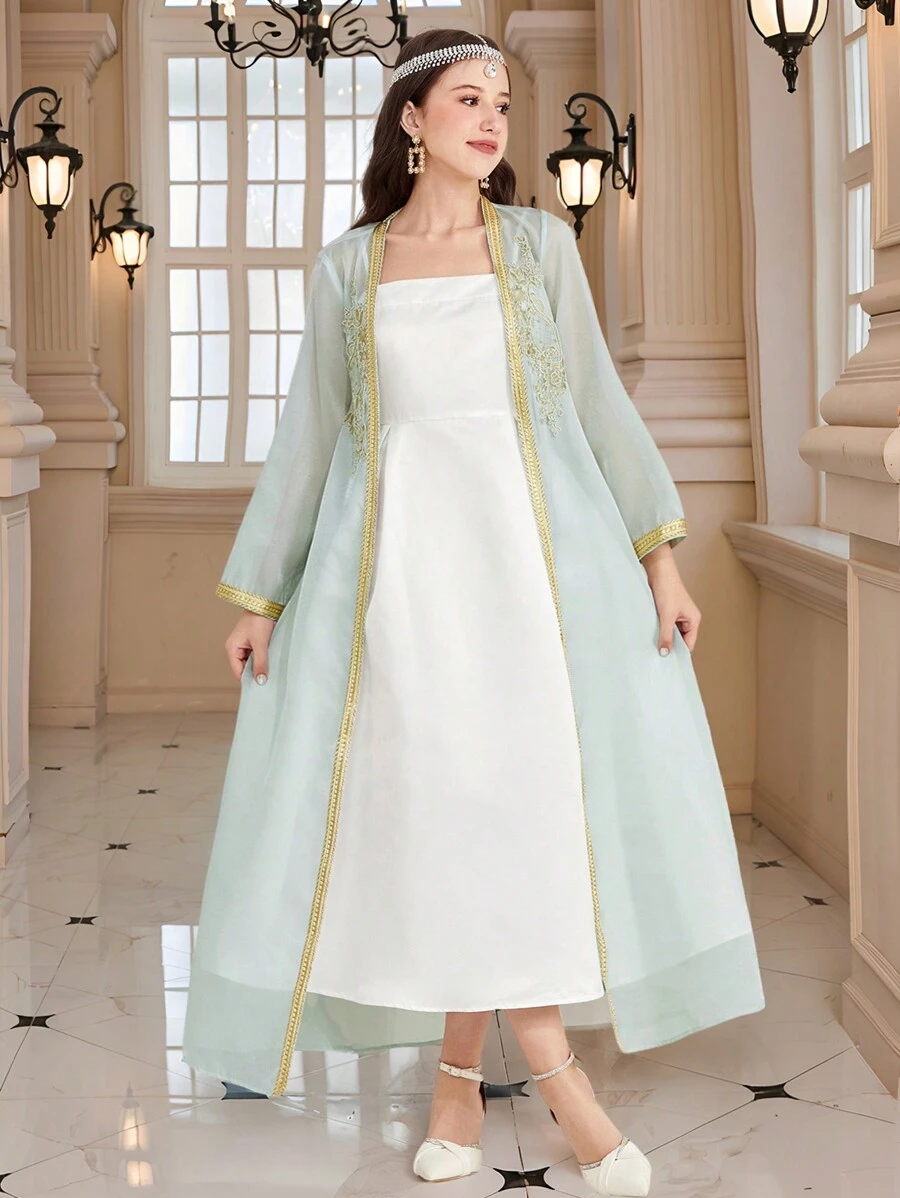 SHEIN 少女优雅浅绿色缎面吊带裙和欧根纱长外套两件套，开斋节长假休闲装 - 薄荷綠 - 查看 1