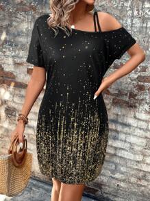SHEIN LUNE Western Gold Glitter Print Open Shoulder Bodycon Mini Dress For Women - Black and Gold - View 6