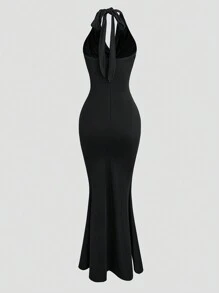 Sunspun 大码女式黑色低胸垂坠修身美人鱼针织连衣裙、晚会礼服