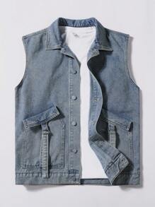 Manfinity Hypemode Men's Front Button Closure Sleeveless Pocket Casual Denim Shirt - Medium Wash - View 1