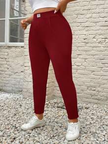 SHEIN Essnce 女式大码口袋贴片铅笔裤，休闲时尚百搭休闲裤 - 酒紅色 - 查看 4
