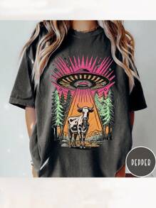 INAWLY UFO 牛 T 恤，有趣的复古外星人图案 T 恤，男女通用柔软彩色 T 恤，超大号美观 UFO 图案女式 T 恤 - 深灰色 - 查看 1