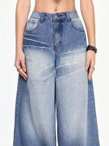 ROMWE Grunge Punk 低腰宽松做旧洗水直筒牛仔裤 - 淺藍色 - 查看 3