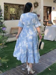 Dazy Petite Plus Plus Size Blue Floral Print V-Neck Cinched Waist Long Dress, Spring/Summer - Blue - View 2