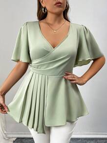 SHEIN Unity Plus Size Women's Solid Color Ruffled Hem Short Sleeve Blouse - Green - View 5