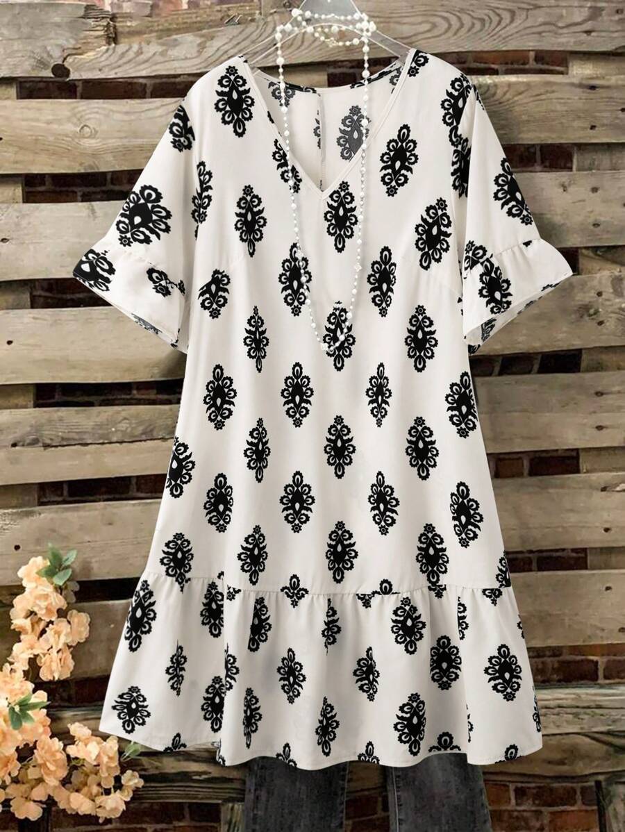 Linhara Plus Size Women Floral Print Ruffle Hem Pocket Midi Dress - Multicolor - View 1